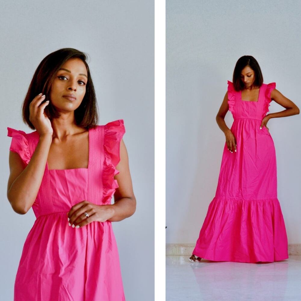 Self-Portrait Fuschia Cotton Poplin Maxi Dress Tiered Ruffle Long Sleeveless 2 - Picture 14 of 14